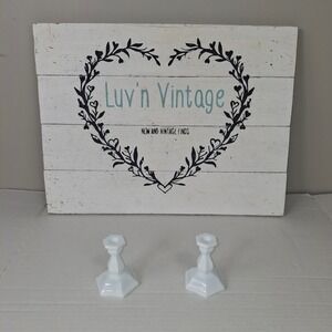 Pair of Vintage Tiara White Milk‎ Glass Hexagon Candlesticks Holders Set